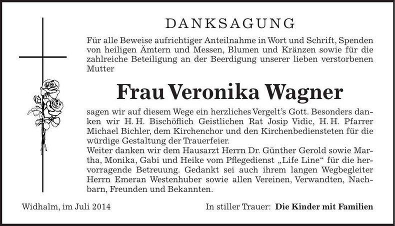 Traueranzeige Veronika Wagner