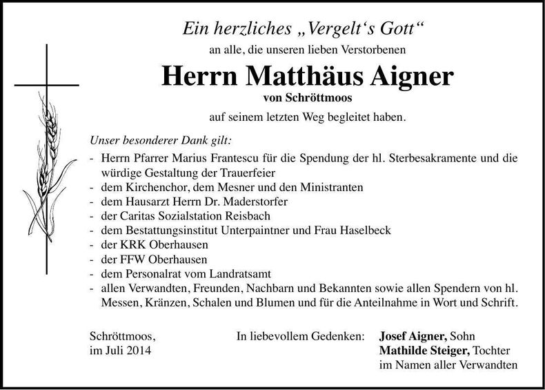 Traueranzeige Matthäus Aigner