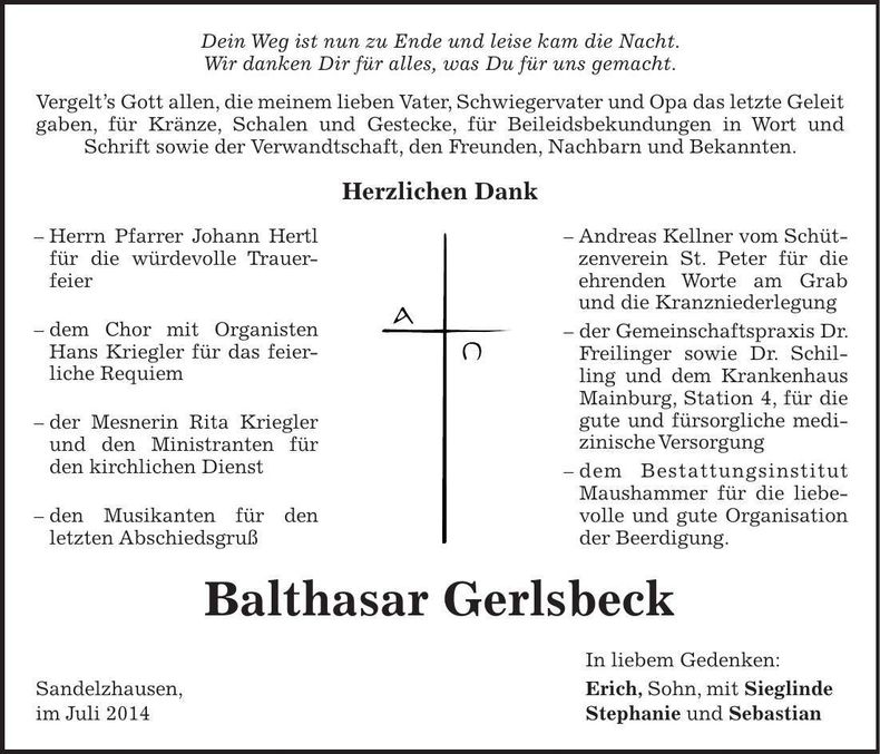 Traueranzeige Balthasar Gerlsbeck