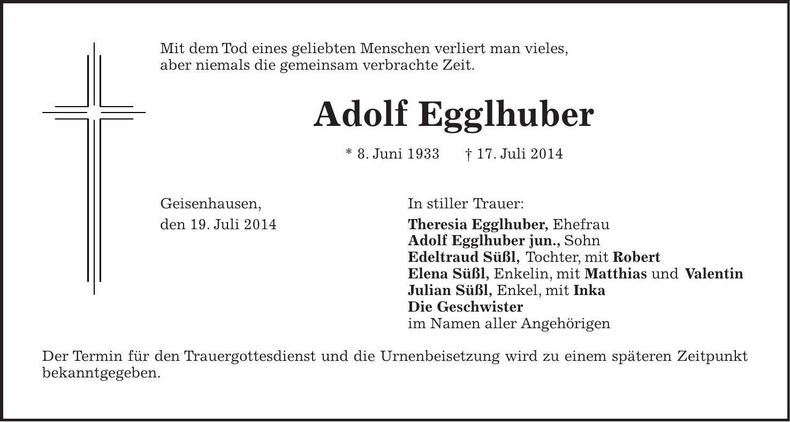Traueranzeige Adolf Egglhuber