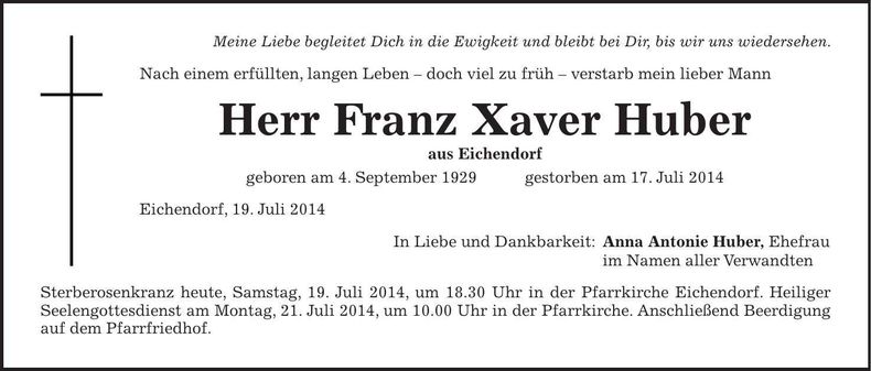 Traueranzeige Franz Xaver Huber