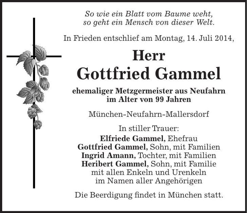 Traueranzeige Gottfried Gammel