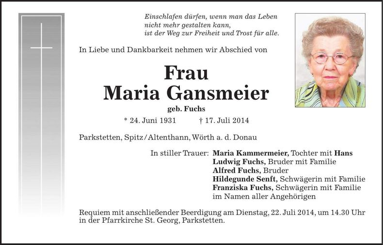 Traueranzeige Maria Gansmeier
