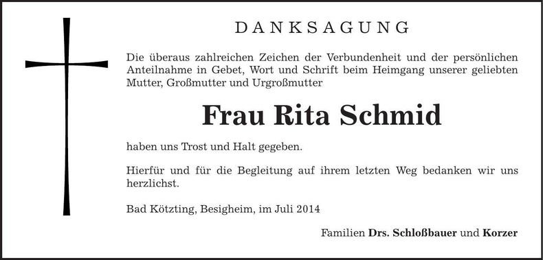Traueranzeige Rita Schmid