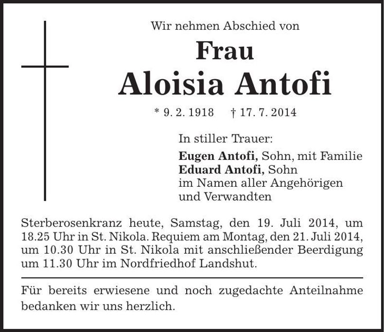 Traueranzeige Aloisia Antofi