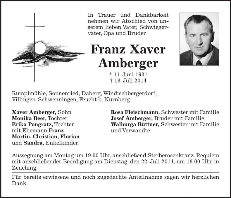 Traueranzeige Franz Xaver Amberger