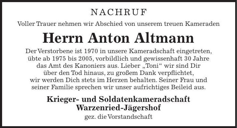 Traueranzeige Anton Altmann