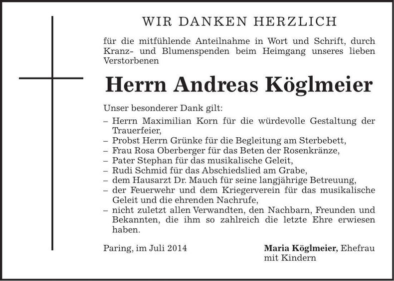 Traueranzeige Andreas Köglmeier