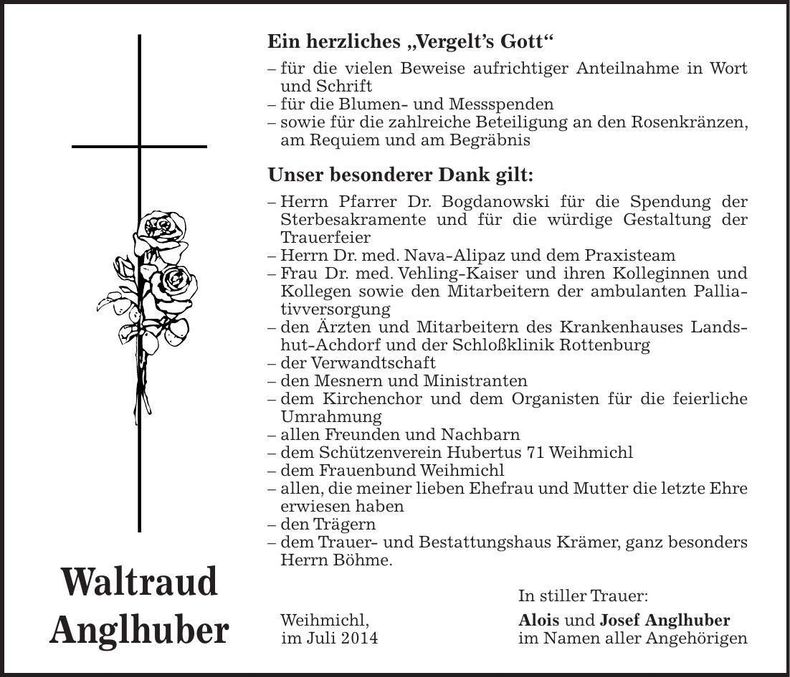 Traueranzeige Waltraud Anglhuber