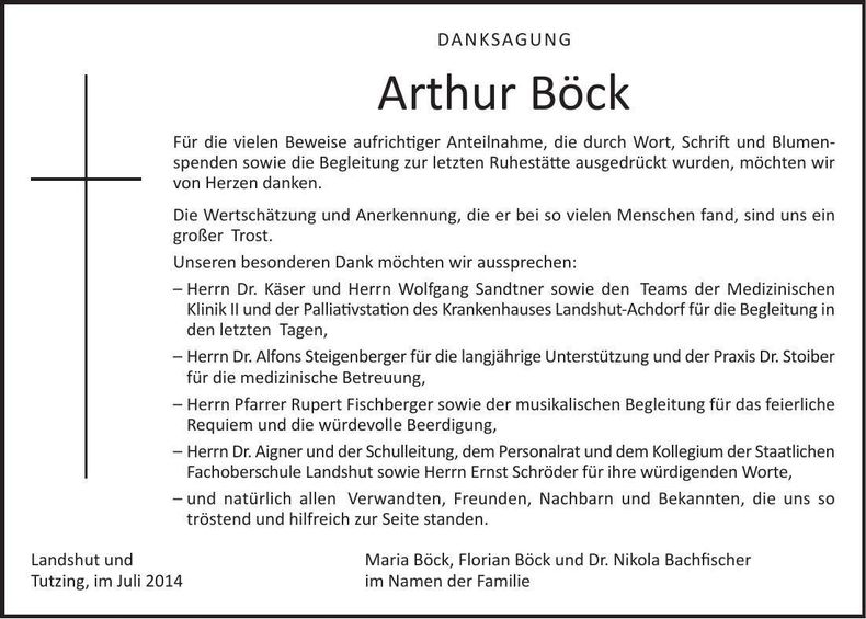 Traueranzeige Arthur Böck