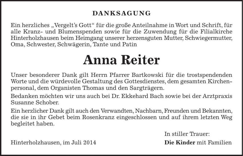 Traueranzeige Anna Reiter