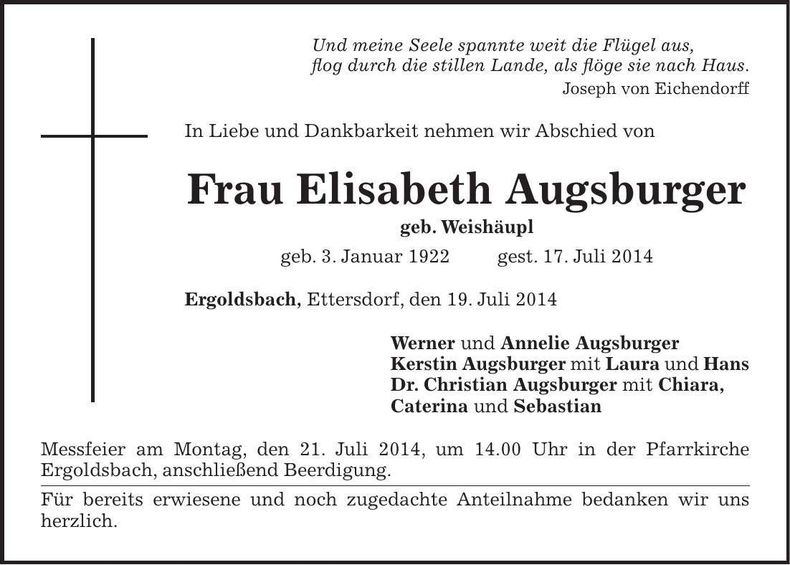 Traueranzeige Elisabeth Augsburger