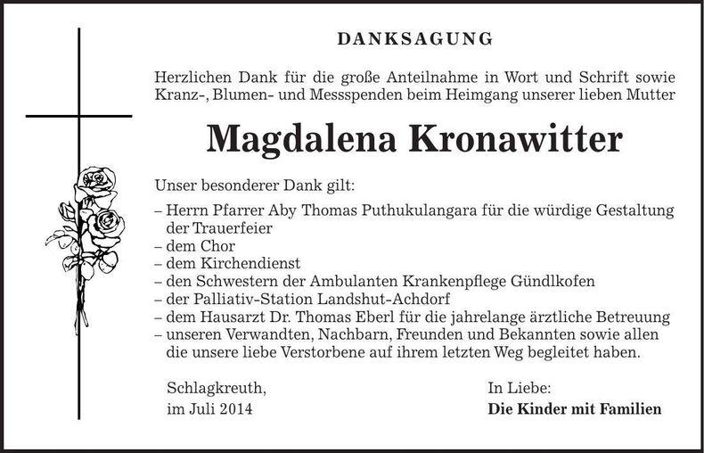 Traueranzeige Magdalena Kronawitter
