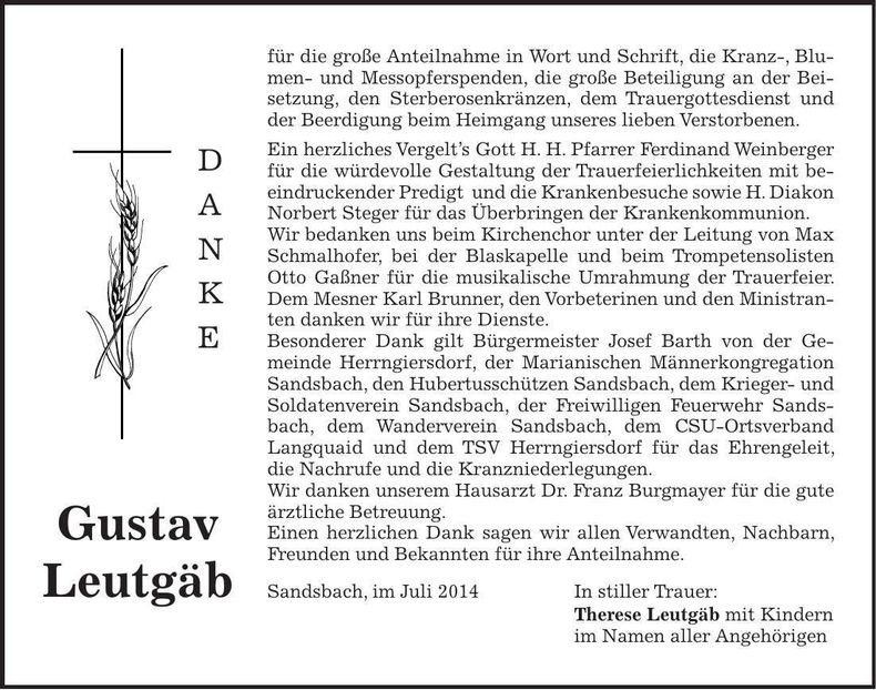 Traueranzeige Gustav Leutgäb