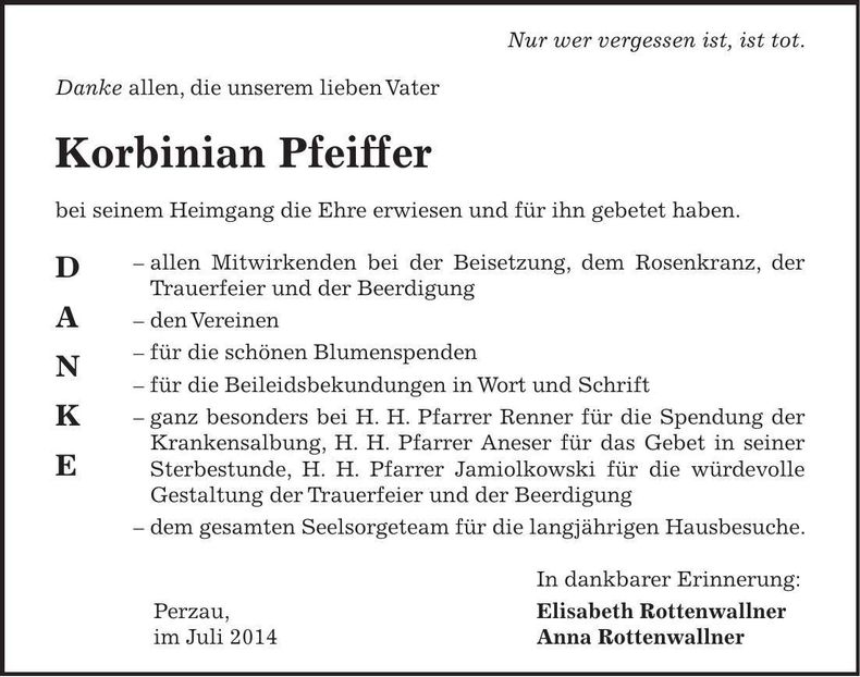 Traueranzeige Korbinian Pfeiffer