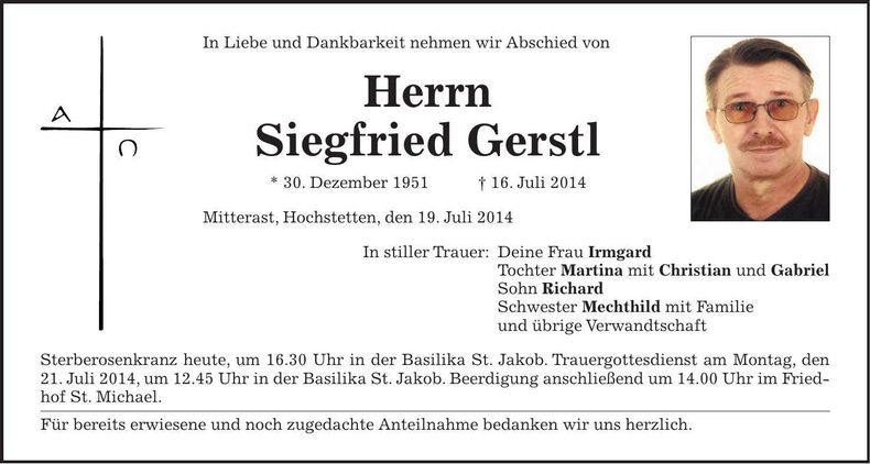 Traueranzeige Siegfried Gerstl