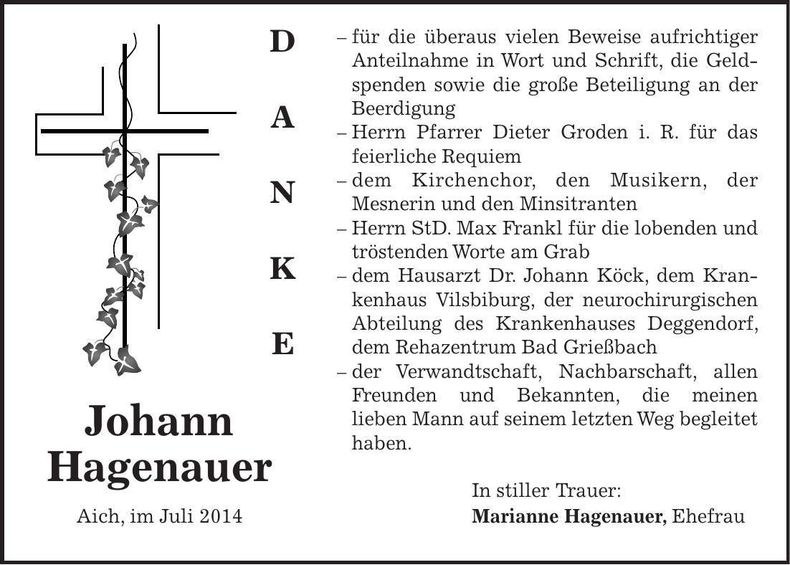 Traueranzeige Johann Hagenauer
