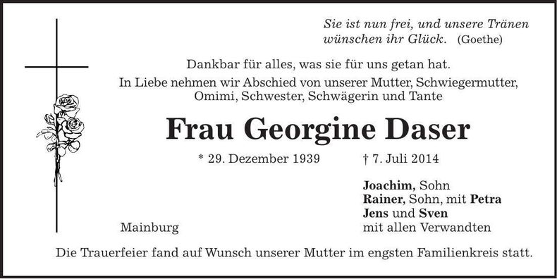 Traueranzeige Georgine Daser