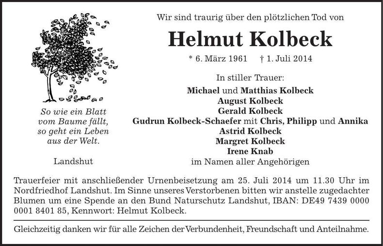 Traueranzeige Helmut Kolbeck