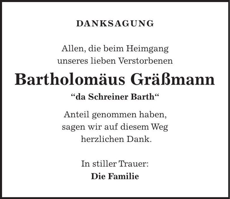 Traueranzeige Bartholomäus Gräßmann
