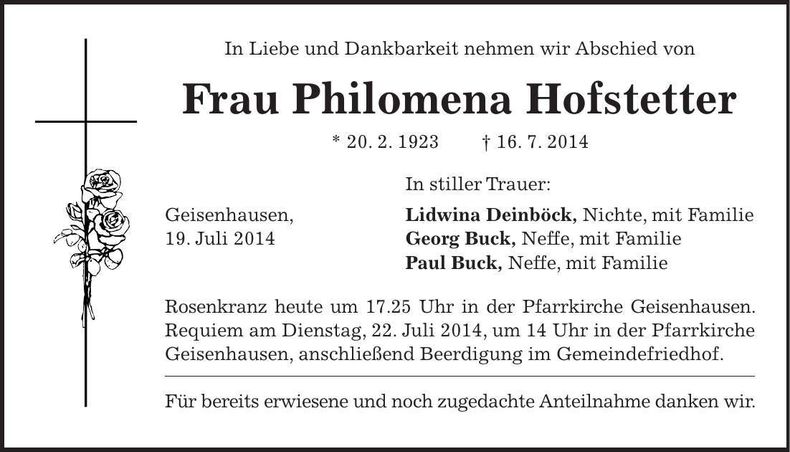 Traueranzeige Philomena Hofstetter
