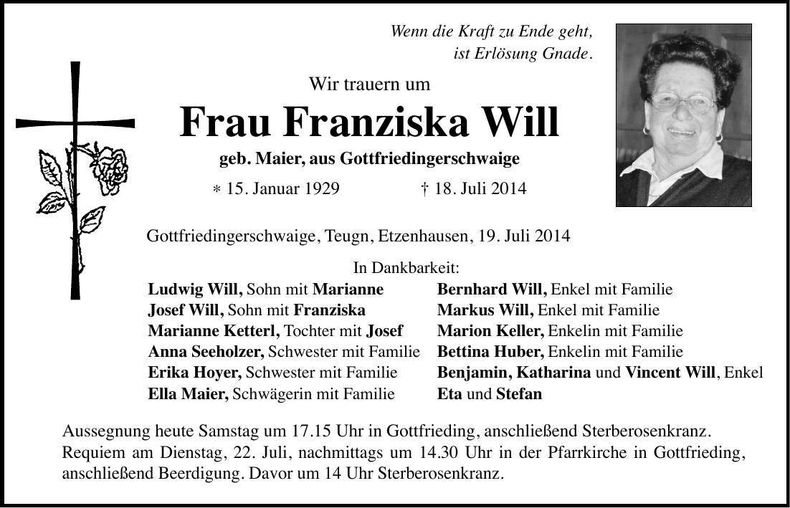 Traueranzeige Franziska Will