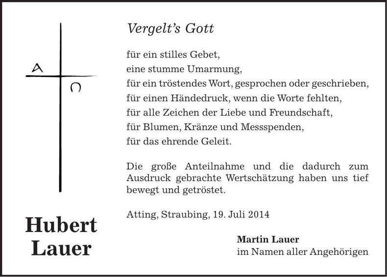 Traueranzeige Huberg Lauer