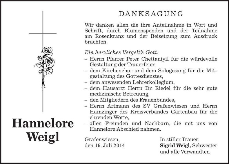 Traueranzeige Hannelore Weigl