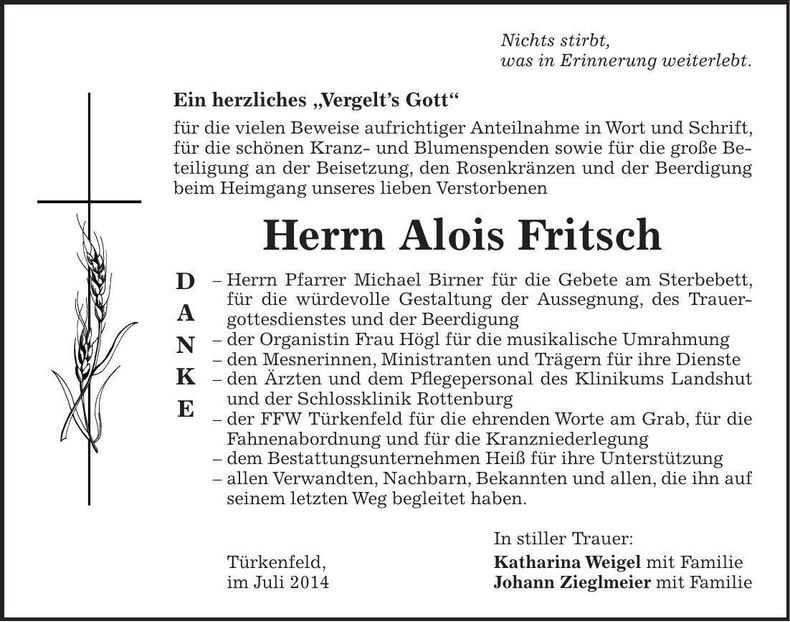 Traueranzeige Alois Fritsch
