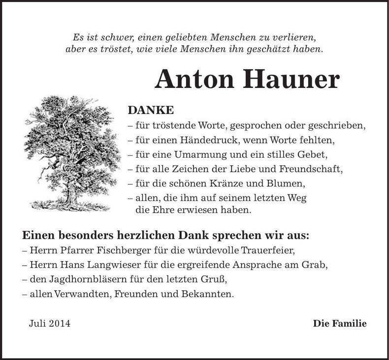 Traueranzeige Anton Hauner