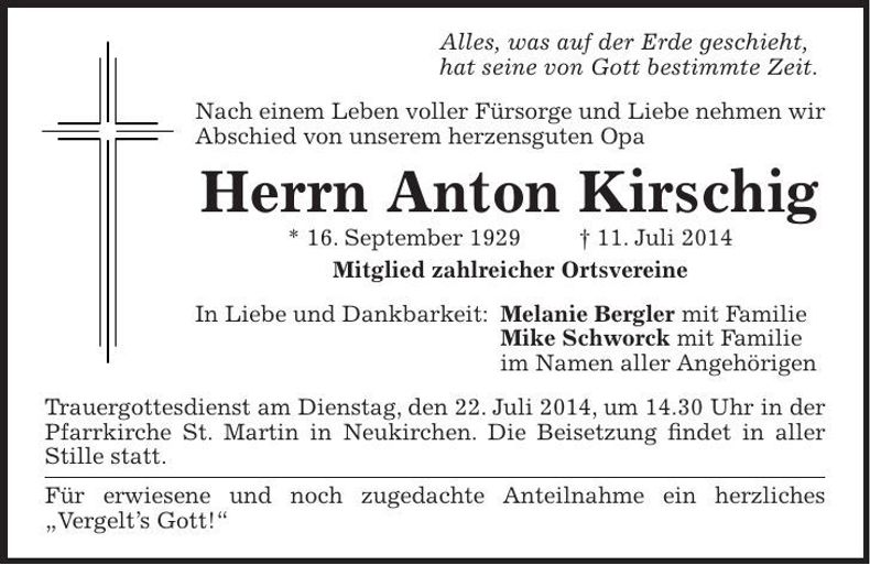 Traueranzeige Anton Kirschig