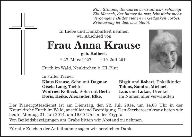 Traueranzeige Anna Krause