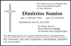 Traueranzeige Dimitrios Samios