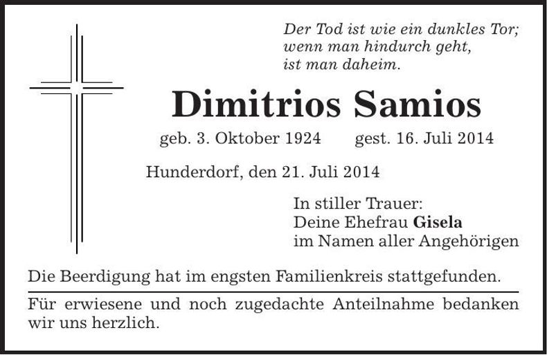 Traueranzeige Dimitrios Samios