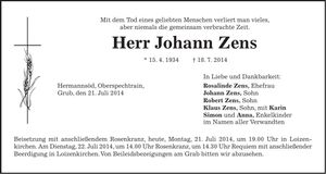 Traueranzeige Johann Zens