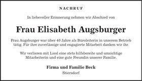 Traueranzeige Elisabeth Augsburger