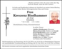 Traueranzeige Kreszenz Bindhammer