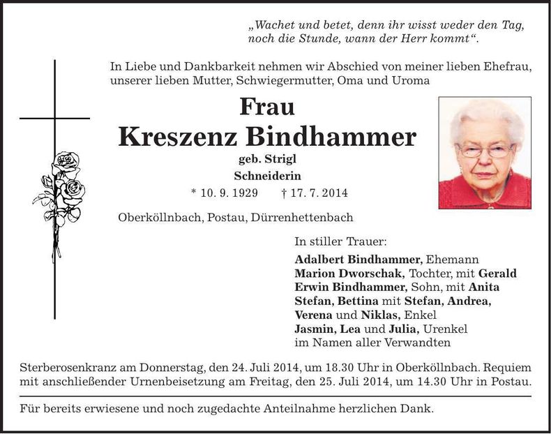 Traueranzeige Kreszenz Bindhammer