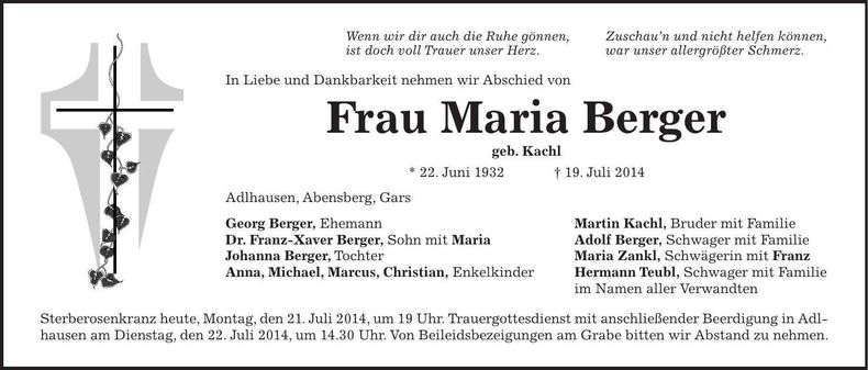 Traueranzeige Maria Berger