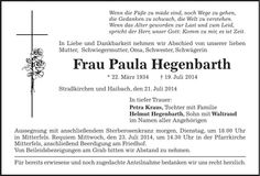Traueranzeige Paula Hegenbarth