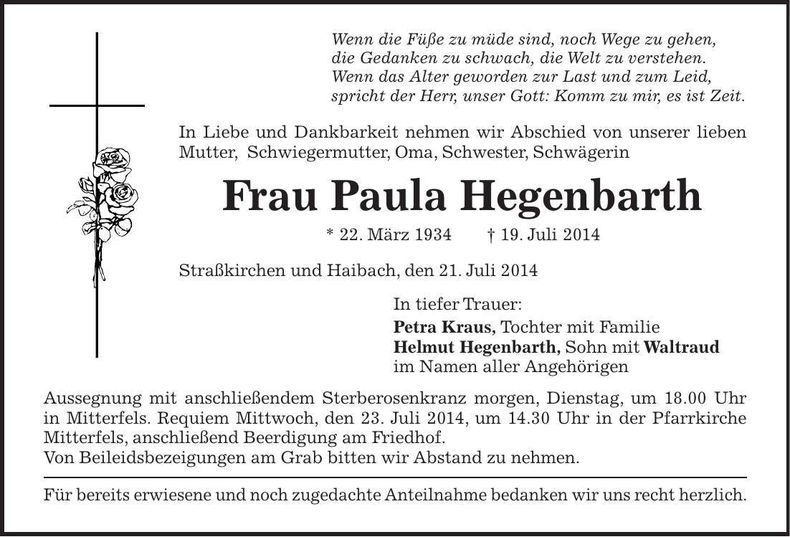 Traueranzeige Paula Hegenbarth