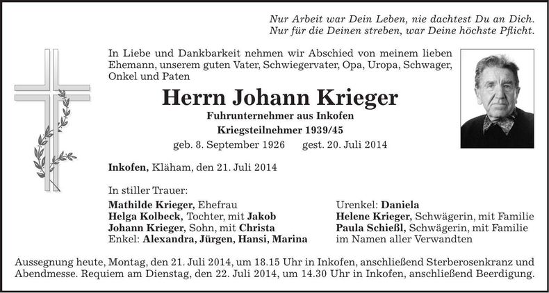 Traueranzeige Johann Krieger