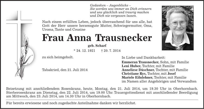 Traueranzeige Anna Trausnecker