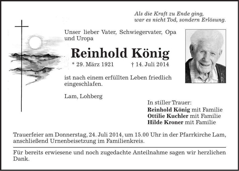 Traueranzeige Reinhold König