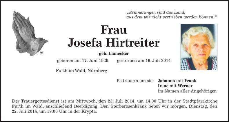 Traueranzeige Josefa Hirtreiter