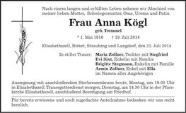 Traueranzeige Anna Kögl
