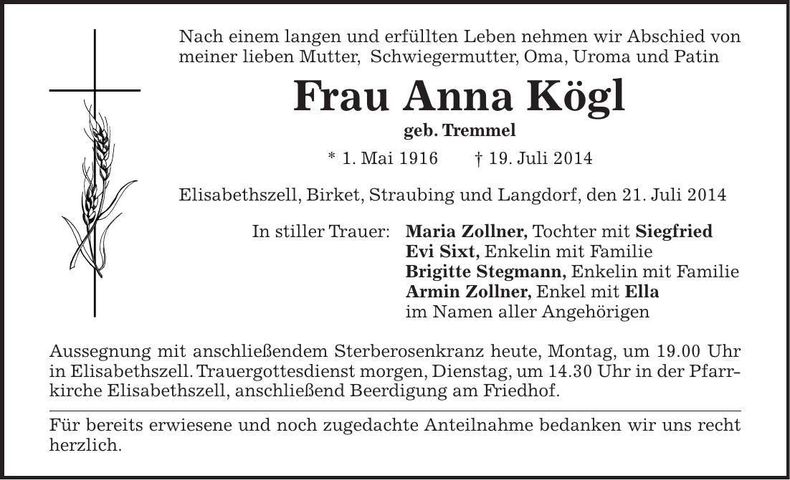 Traueranzeige Anna Kögl