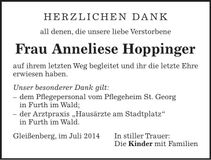 Traueranzeige Anneliese Hoppinger