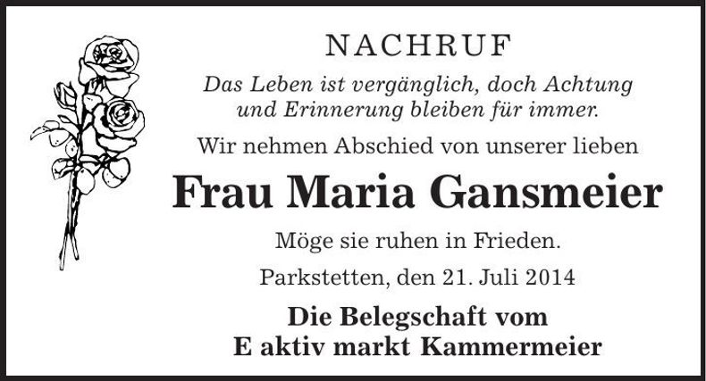 Traueranzeige Maria Gansmeier