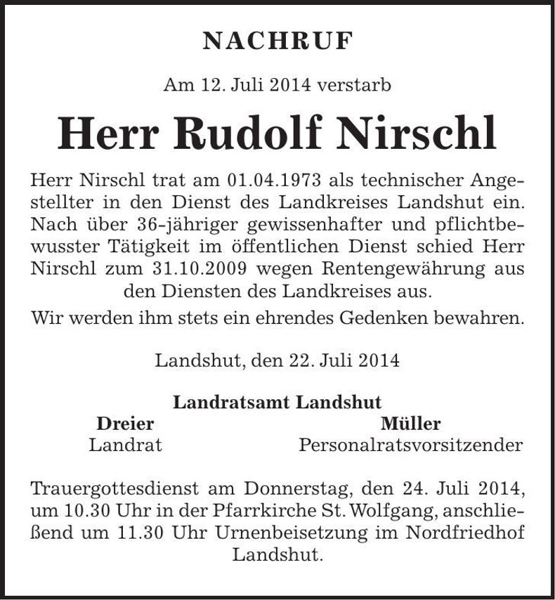 Traueranzeige Rudolf Nirschl